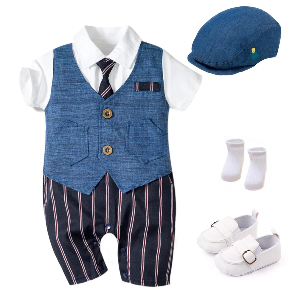 Summer Baby Romper Suit Newborn Boys Formal Clothing Cotton Children Hat + Jumpsuit + Shoes + Socks 4 Pieces Outfit Blue Costume